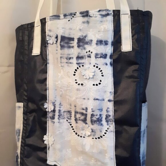 New Boho Lace Tie Dye Tote Shopper shoulder Bag Double handle Blue White KeyClip - Picture 2 of 12